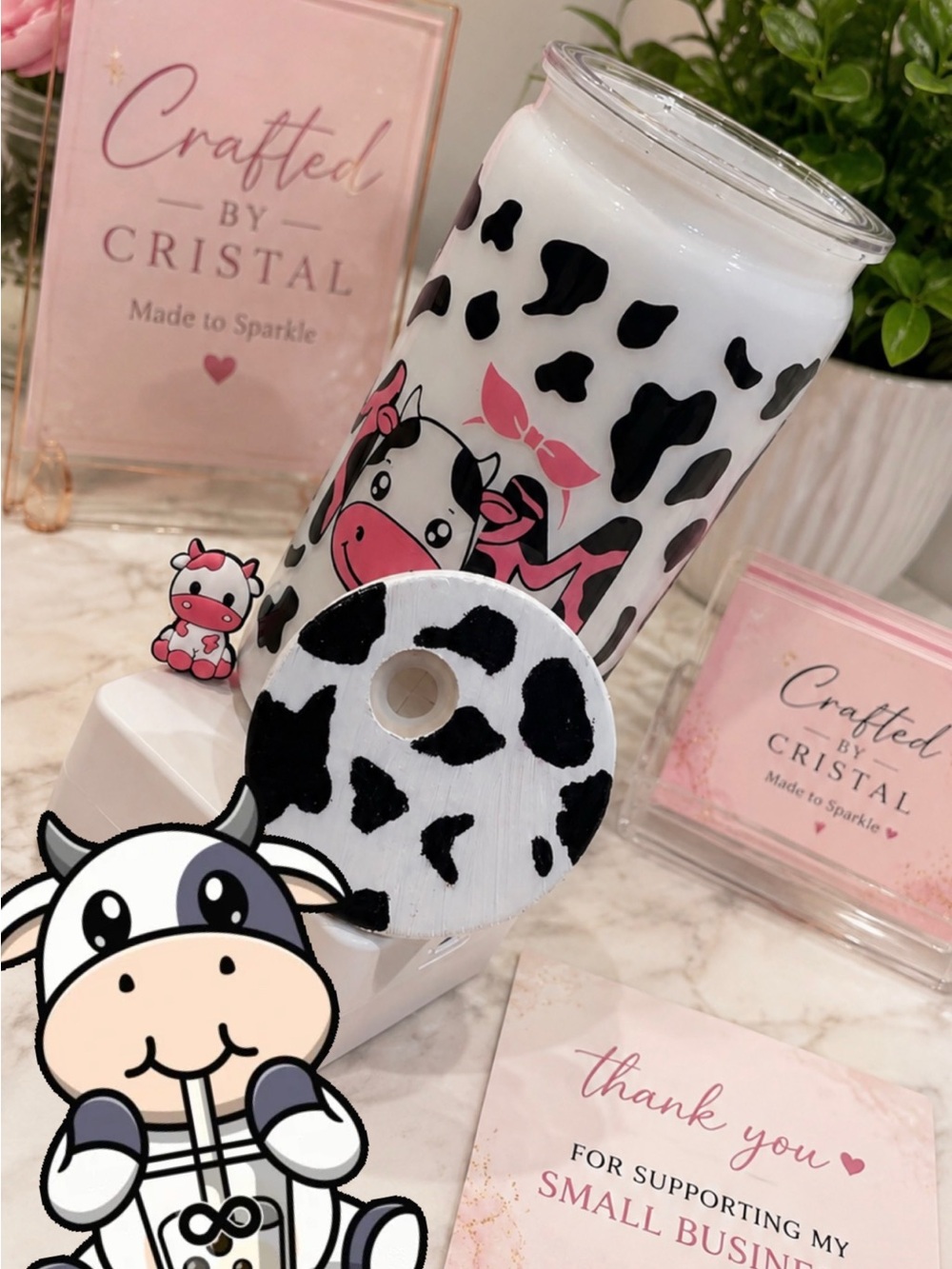 Pink & Black Cow Print Kids Tumbler